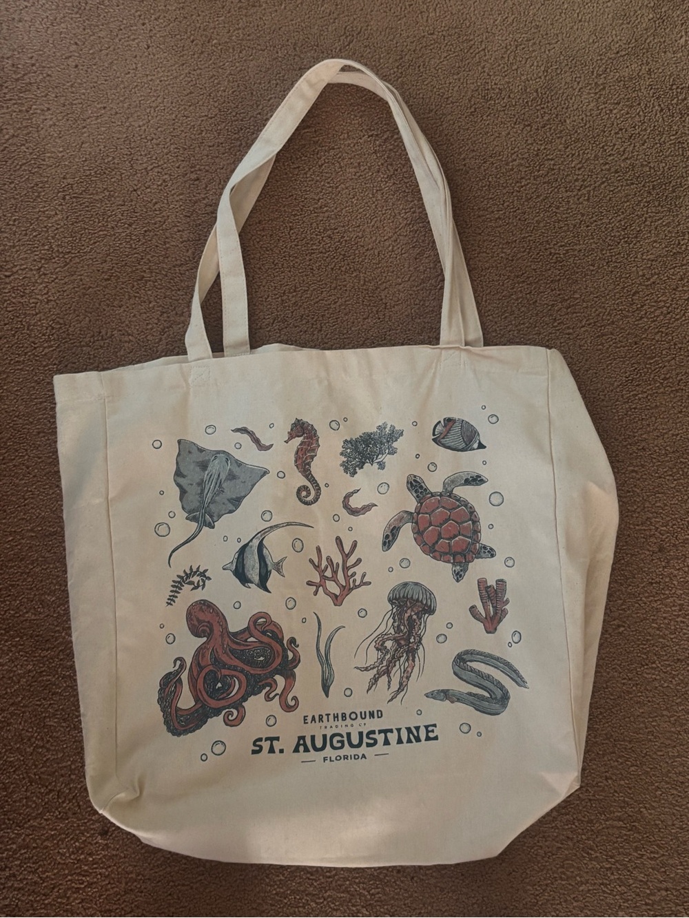 EARTHBOUND Natural Canvas Tote with Blue and Red Marine Life Print